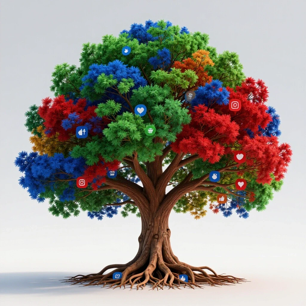 A vibrant 3D tree with multicolored branches symbolizing content pillars, rooted among social media icons.