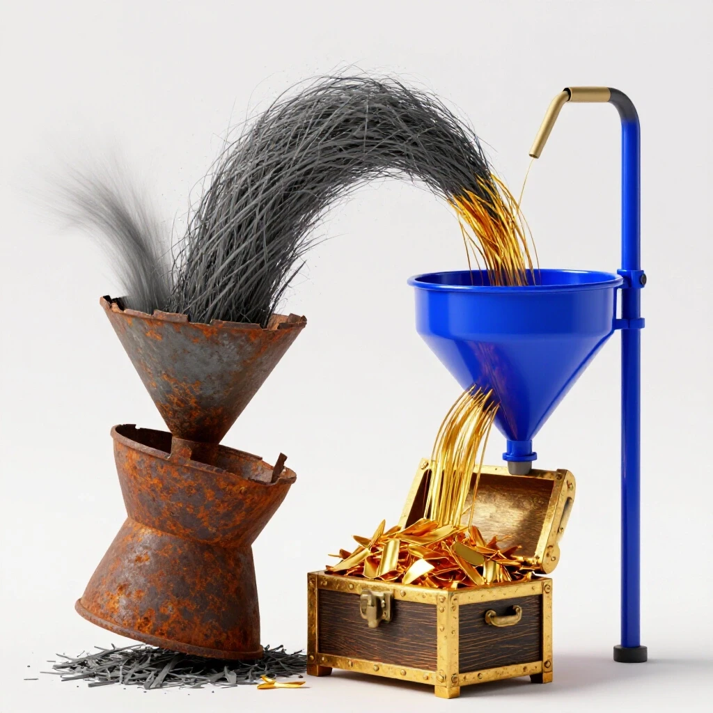 A vibrant funnel pouring golden leads into a treasure chest, contrasted with a rusty funnel spilling dull leads.