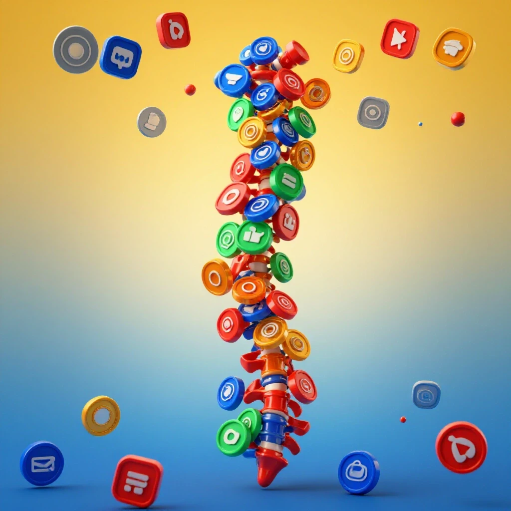 A vibrant, colorful spine made of social media icons on a bright gradient background, symbolizing social media engagement.