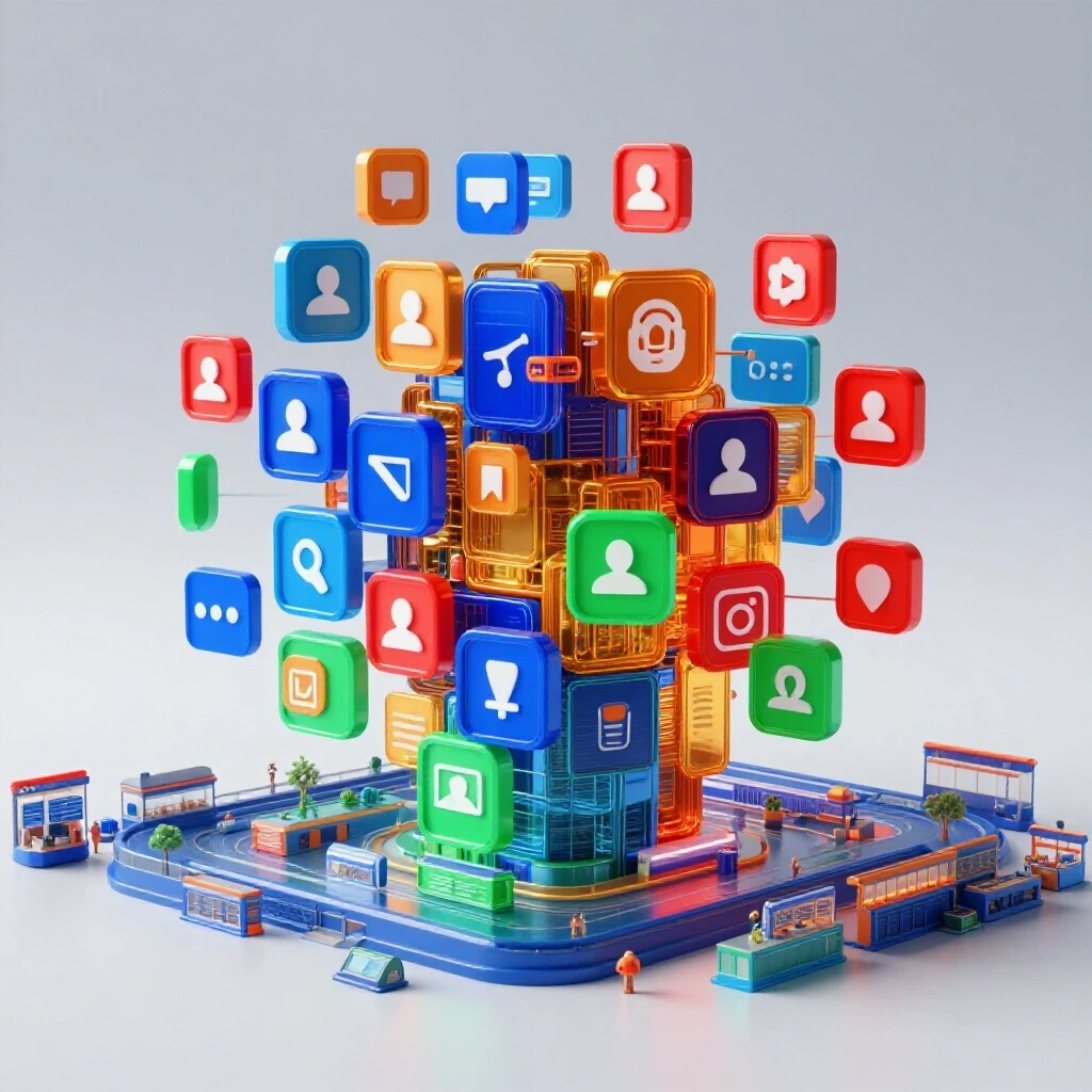 A vibrant digital marketplace with social media icons paired with a sleek AI interface, visually emphasizing interaction.