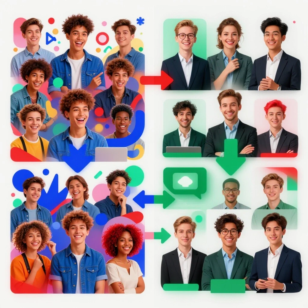 Split-screen design contrasting vibrant and professional social media environments to illustrate influencer partnerships.