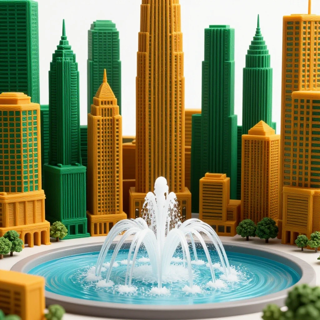 A vibrant cityscape featuring a flowing water fountain against a bright white background, symbolizing engagement in advertising.