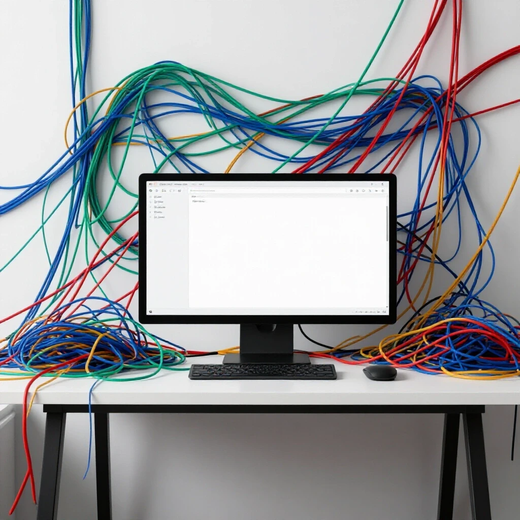 A chaotic digital workspace depicting tangled UTM parameters and a vibrant, organized template emerging from the chaos.