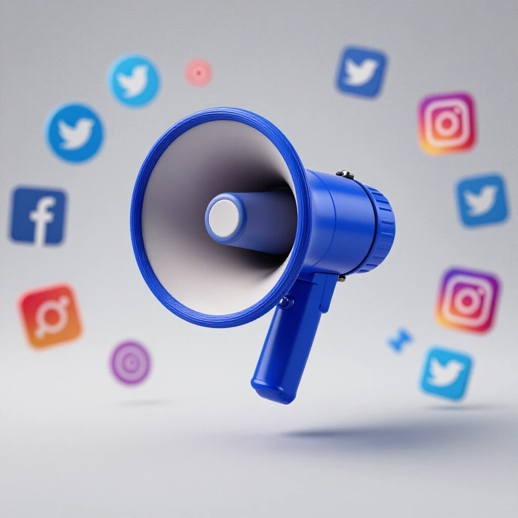A vibrant royal blue megaphone stands out against a blurred background of colorful social media icons, symbolizing effective communication.