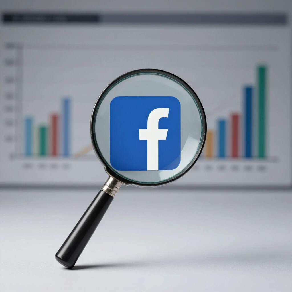 A magnifying glass above a vivid Facebook logo with blurred analytics graphs in the background.