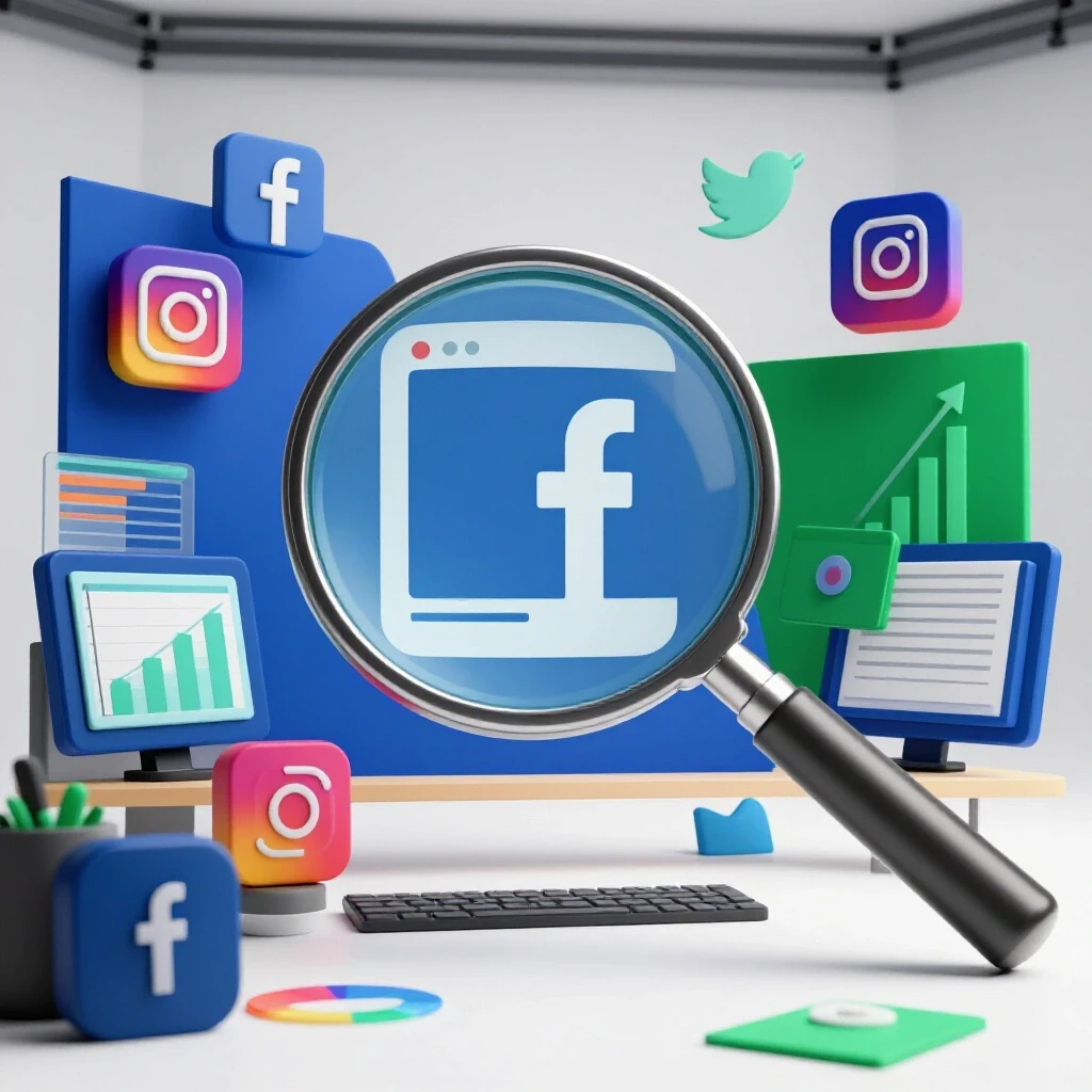 Magnifying glass over a digital workspace with social media icons and charts illustrating ad activity clarity.