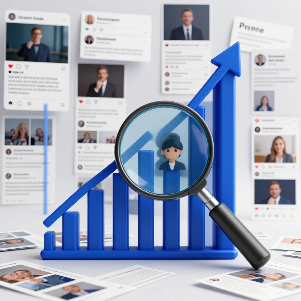 3D image of an upward-trending graph and a magnifying glass examining a client profile amidst a busy social media feed.