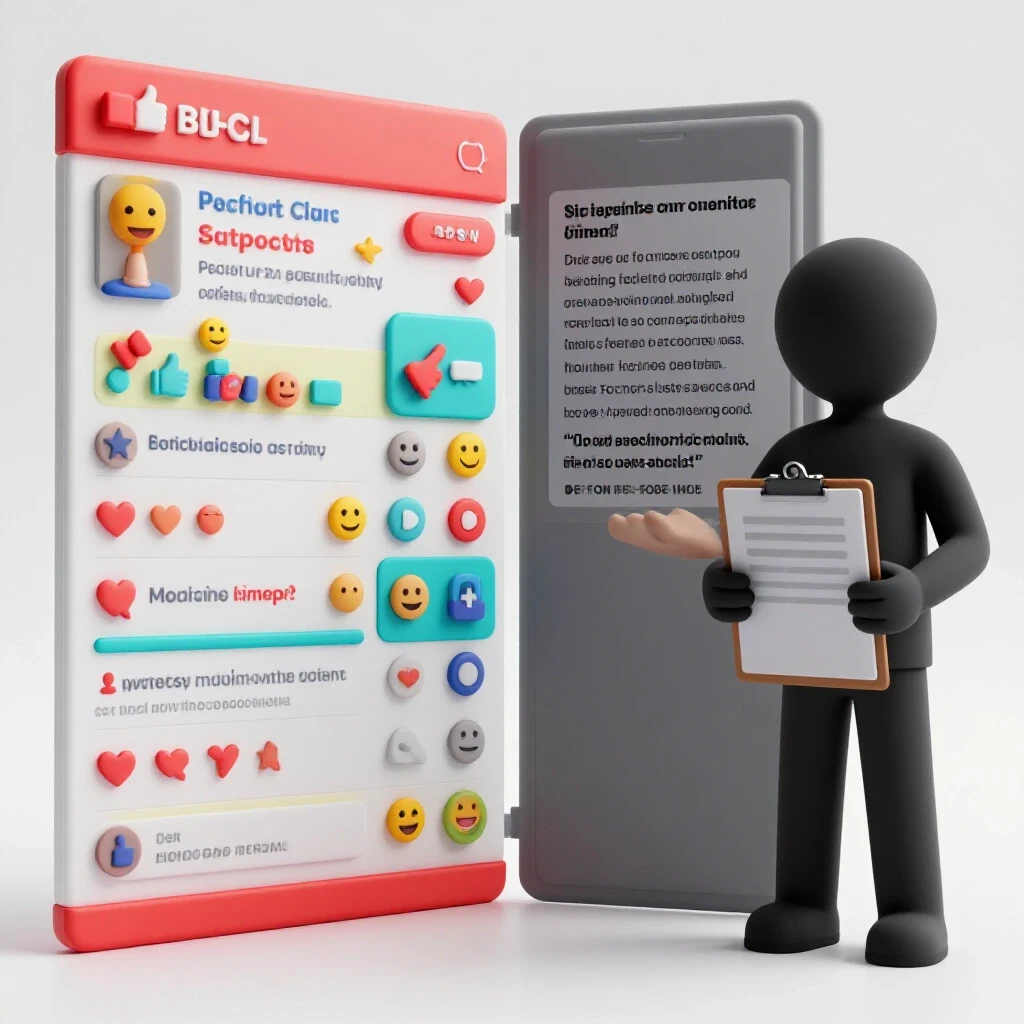 An engaging split scene depicting vibrant social media interactions on one side and a shadowy figure providing feedback on the other.