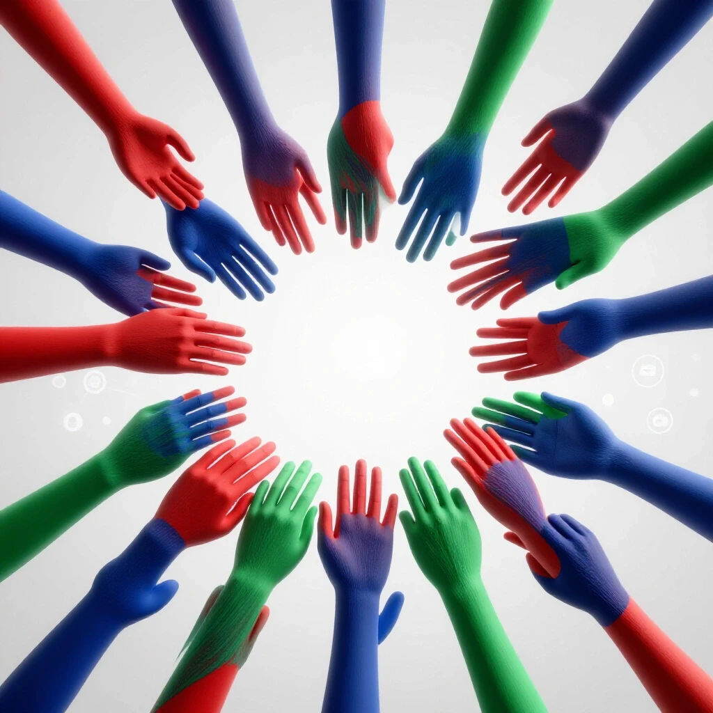 A vibrant 3D image of a colorful interlocking chain representing collaboration, set against a light background and social media icons.