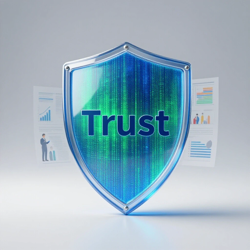 A transparent shield of digital data streams over colorful graphs symbolizing trust in performance reporting.