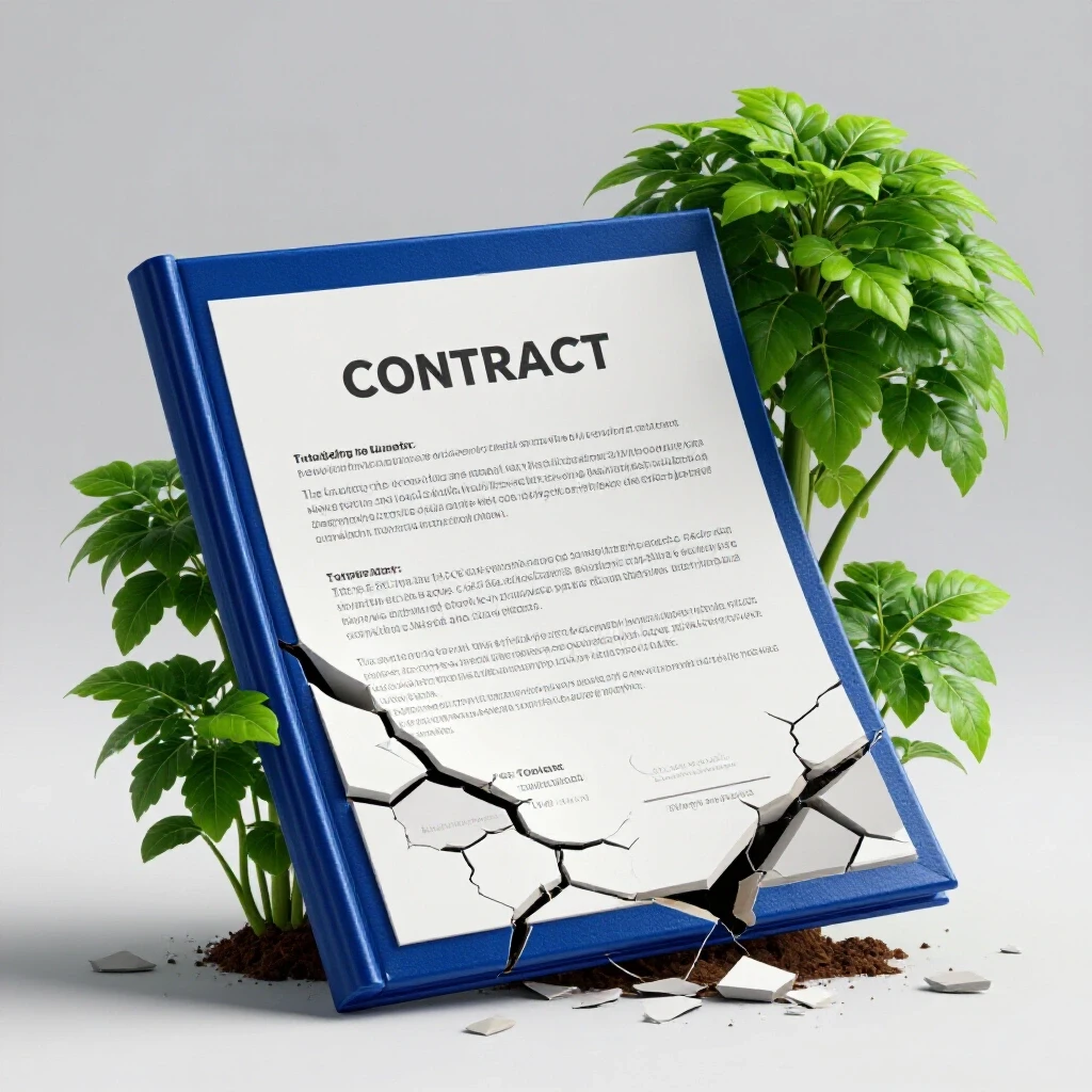 A crumbling contract with a vibrant plant pushing through, symbolizing growth and resilience after setbacks.