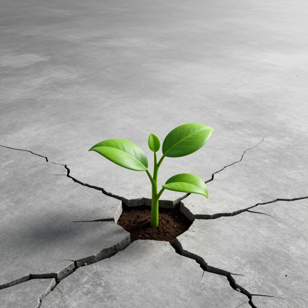 A vibrant green plant grows from a cracked sidewalk, symbolizing hope and resilience amidst dull concrete.