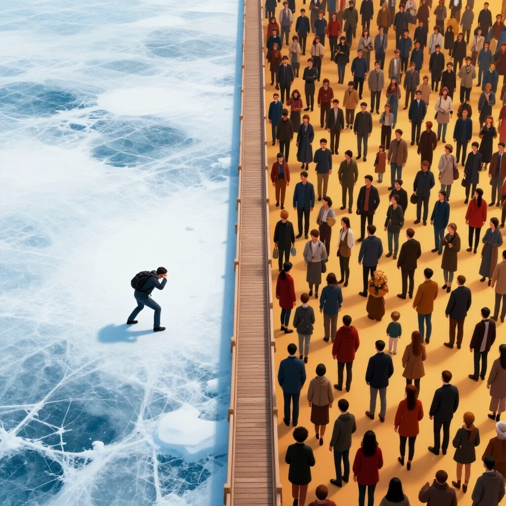 A visually contrasting split scene showing a struggling figure in a frozen landscape on one side and a vibrant engaged environment on the other, with a connecting pathway.