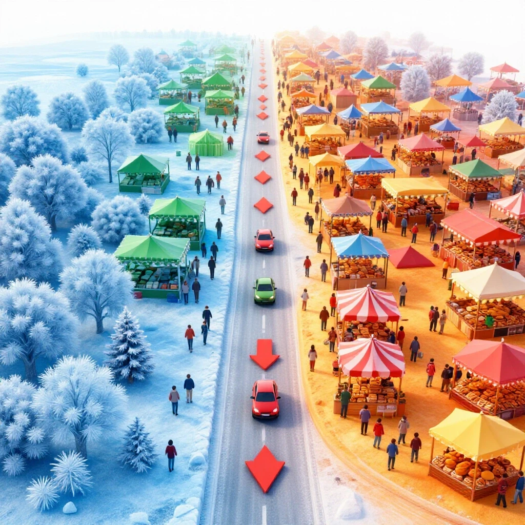 A vivid transition from a frosty landscape to a warm, bustling marketplace, symbolizing traffic conversion.