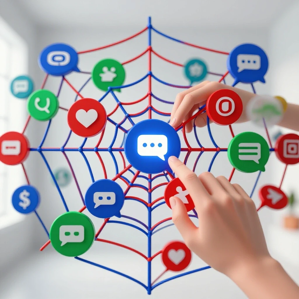 A vibrant 3D representation of tangled social media icons lit with varying brightness, symbolizing engagement strategies.