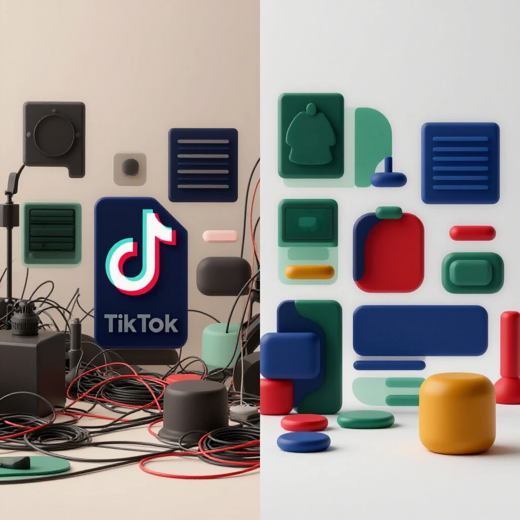 A split-screen image showing chaotic TikTok ad setup on one side and a streamlined ad version on the other, highlighting effective elements.