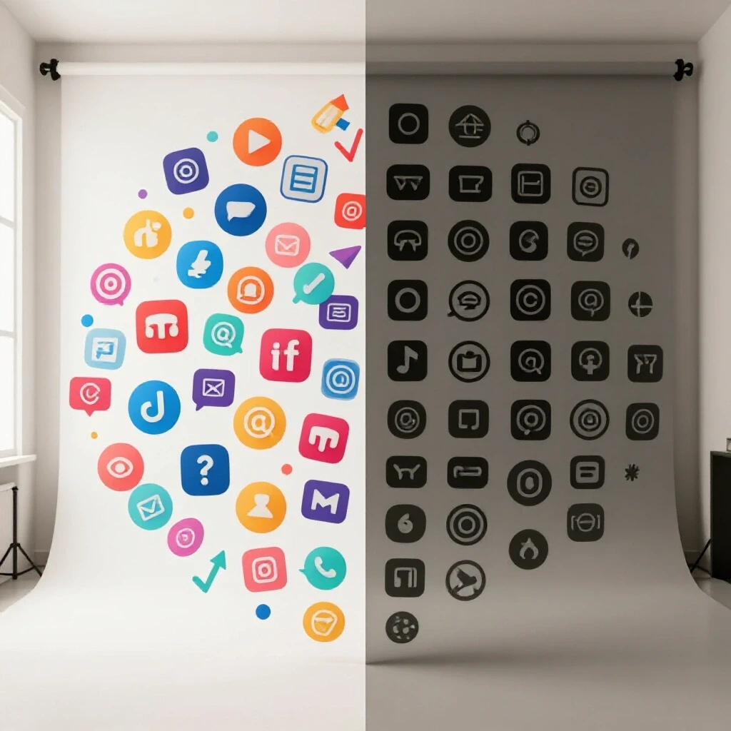 A vibrant split-image illustrating contrasting aspects of social media channels: growth icons on one side and pitfalls on the other.