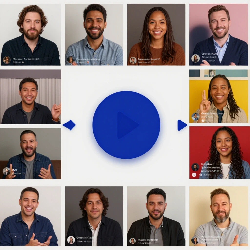 A vibrant video play button alongside diverse testimonial thumbnails in a split-screen design, visually connecting video platforms.
