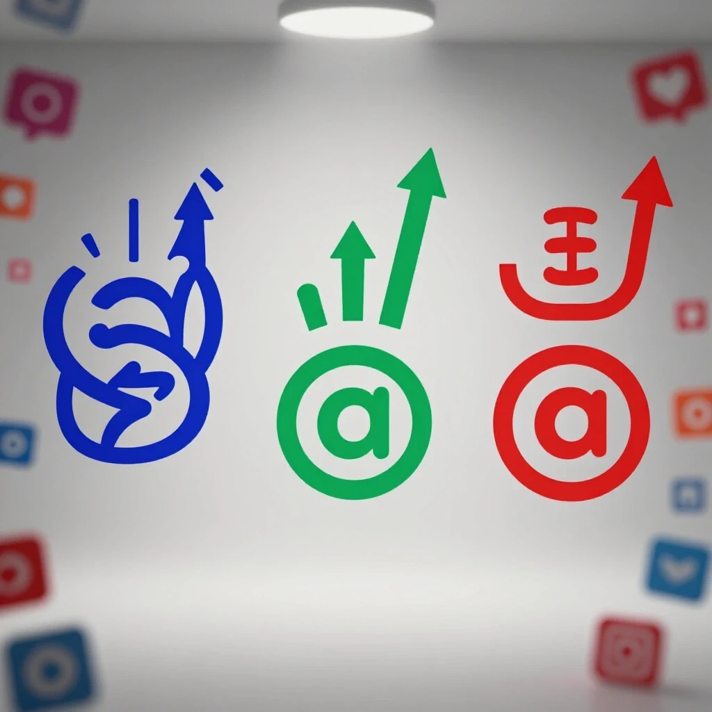Three vibrant ad platform logos with upward arrows against a blurred social media background, symbolizing growth.