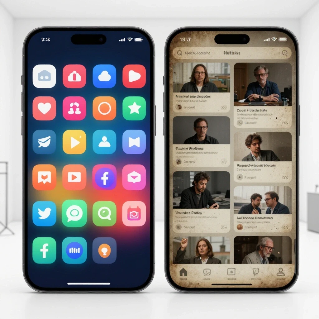 A visual comparison of a modern social media tool interface versus a cluttered native app interface, highlighting the differences in design.