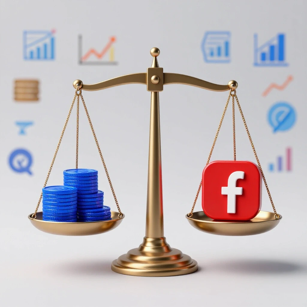A balanced scale with coins on one side and a Facebook logo on the other, set against a blurred digital marketing background.