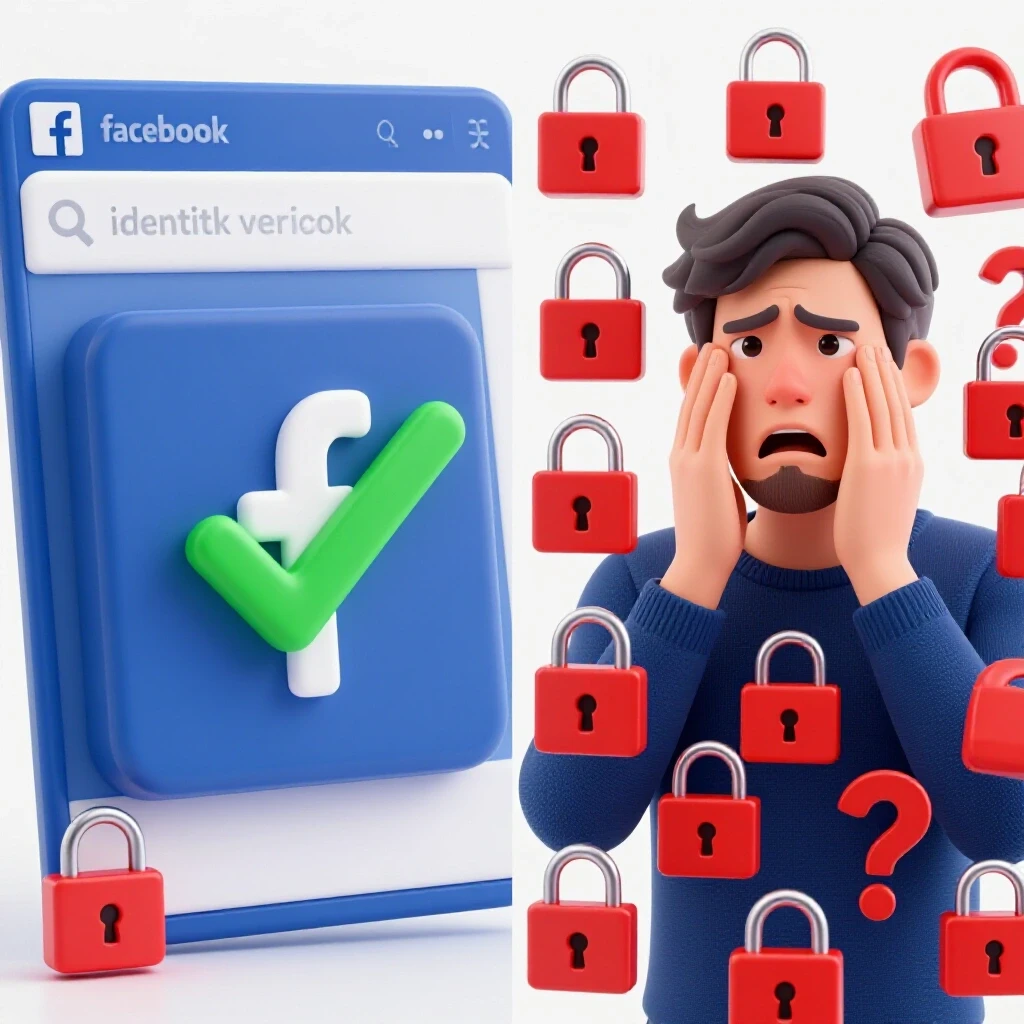 A split-screen image showing a vibrant Facebook interface with a checkmark on one side and frustrated user symbols on the other side, symbolizing identity verification.