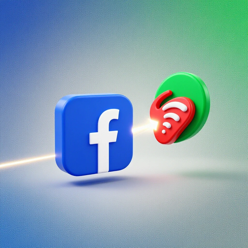 A vibrant Facebook logo connecting to a stylized ad account icon against a gradient blue to green background.