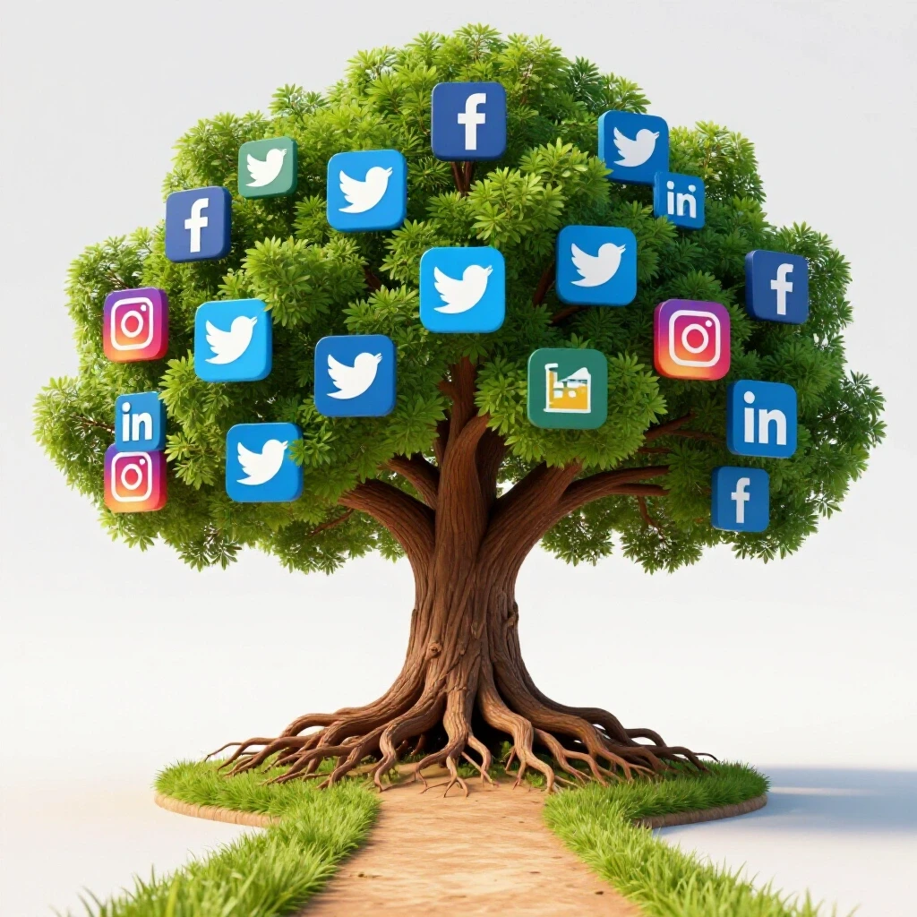 A vibrant tree with social media leaves symbolizes growth, representing consistency in social media marketing.