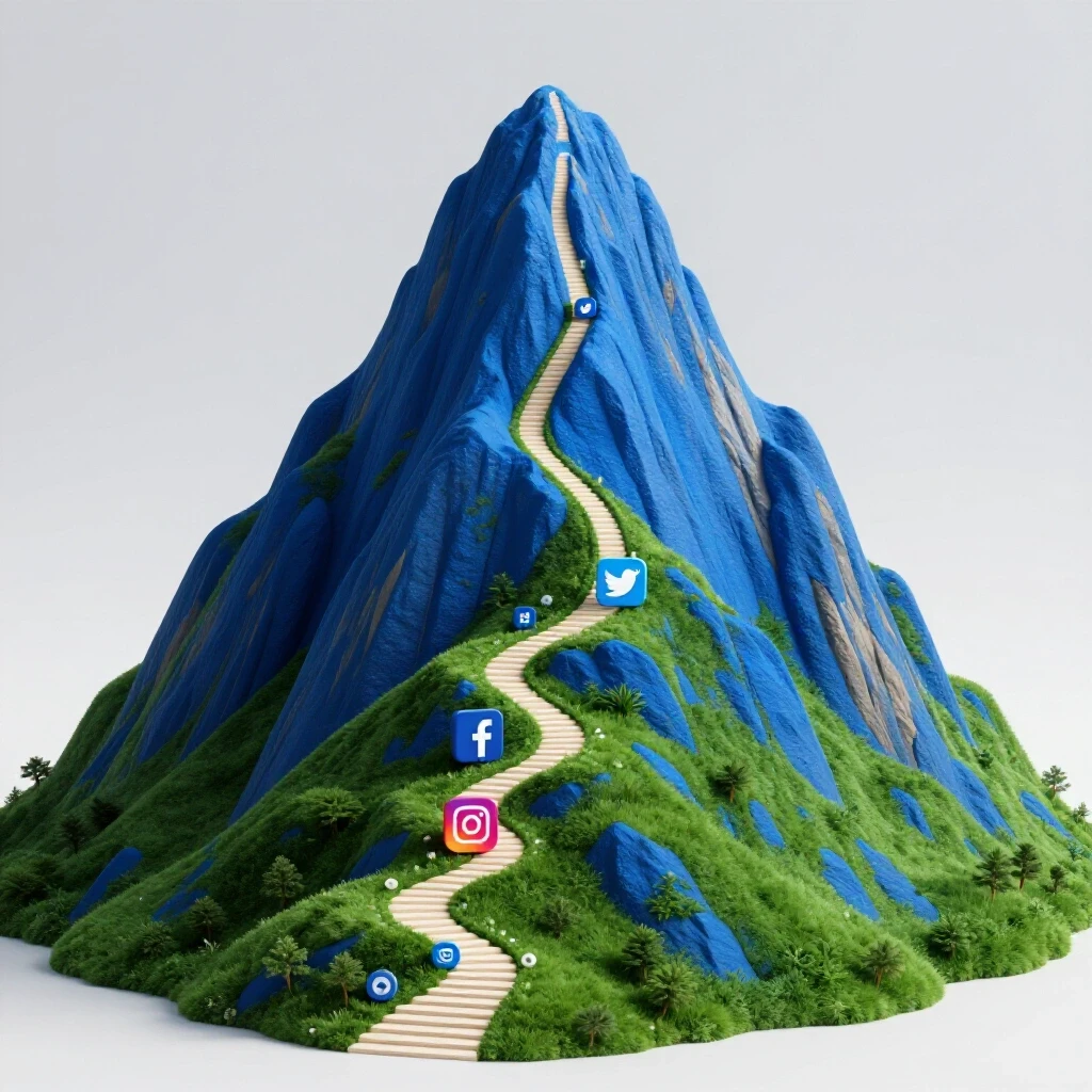 A vibrant 3D representation of a mountain peak with a winding path and social media icons symbolizing achievement.