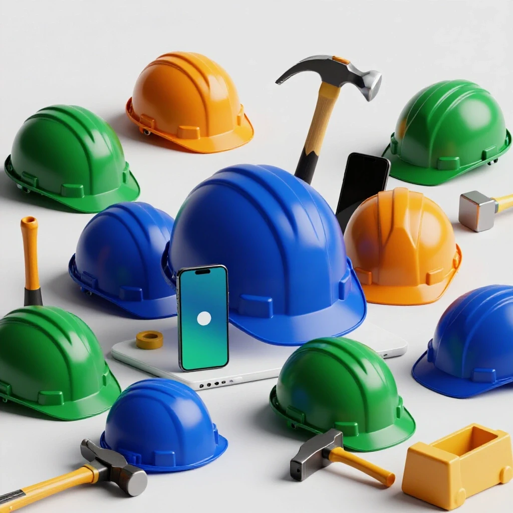 Vibrant 3D image of construction tools and digital devices symbolizing construction and social media integration.
