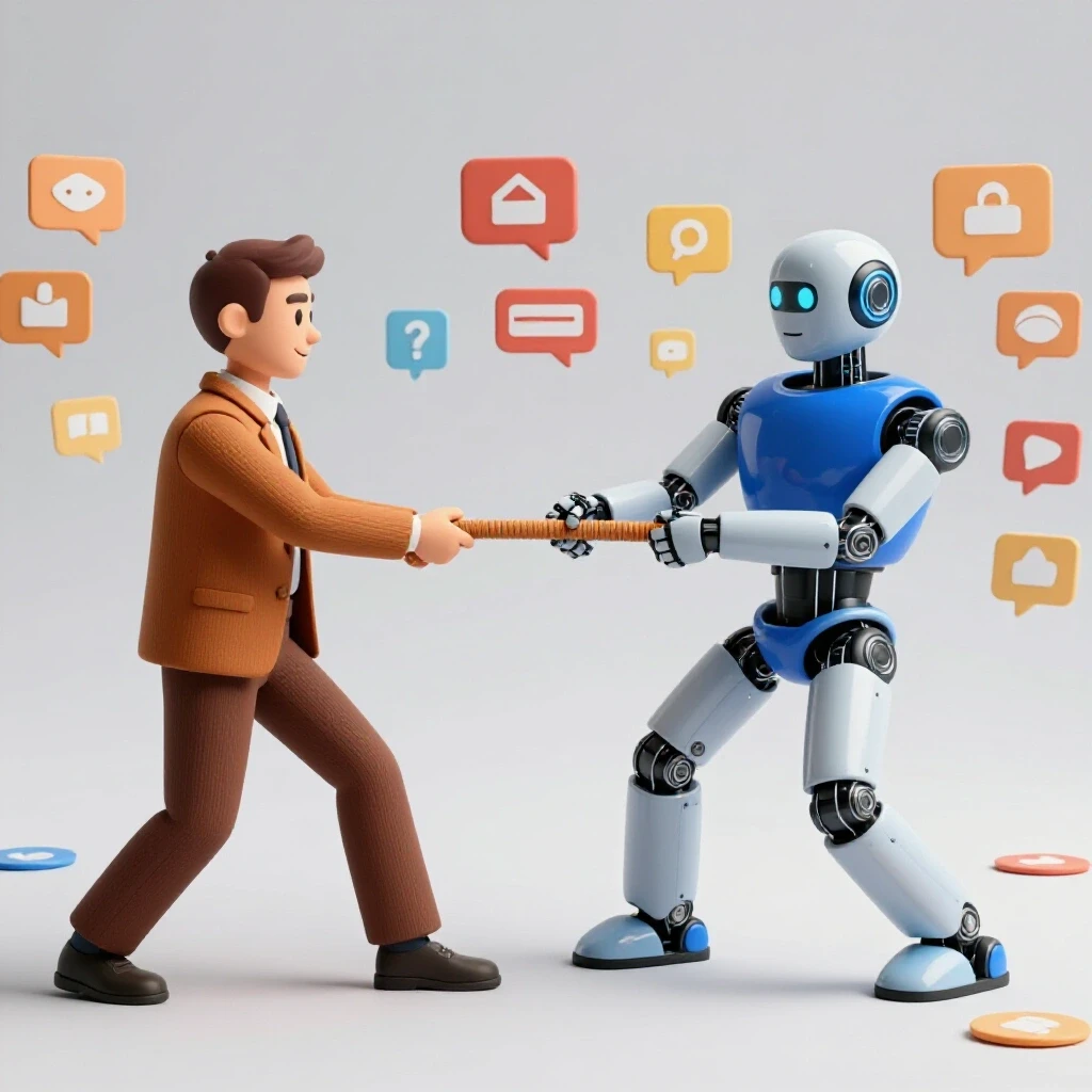 A consultant and an AI robot in a colorful tug-of-war over a vibrant social media feed, representing the competition in marketing.
