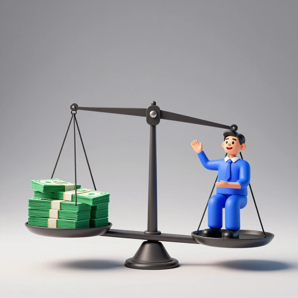 A 3D representation of a balanced scale with money and a happy client, demonstrating consulting rates' impact.