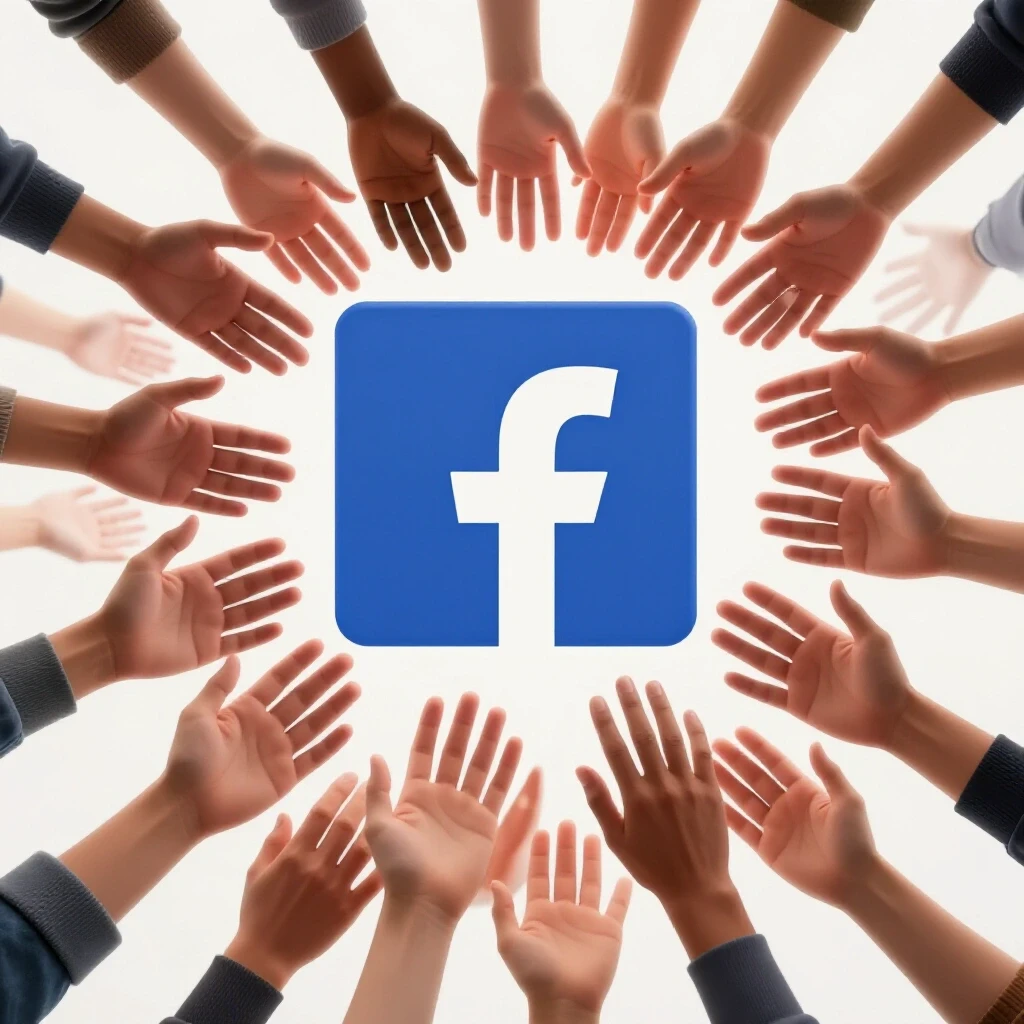 A vibrant blue Facebook logo surrounded by colorful hands reaching toward it, symbolizing connection and support.