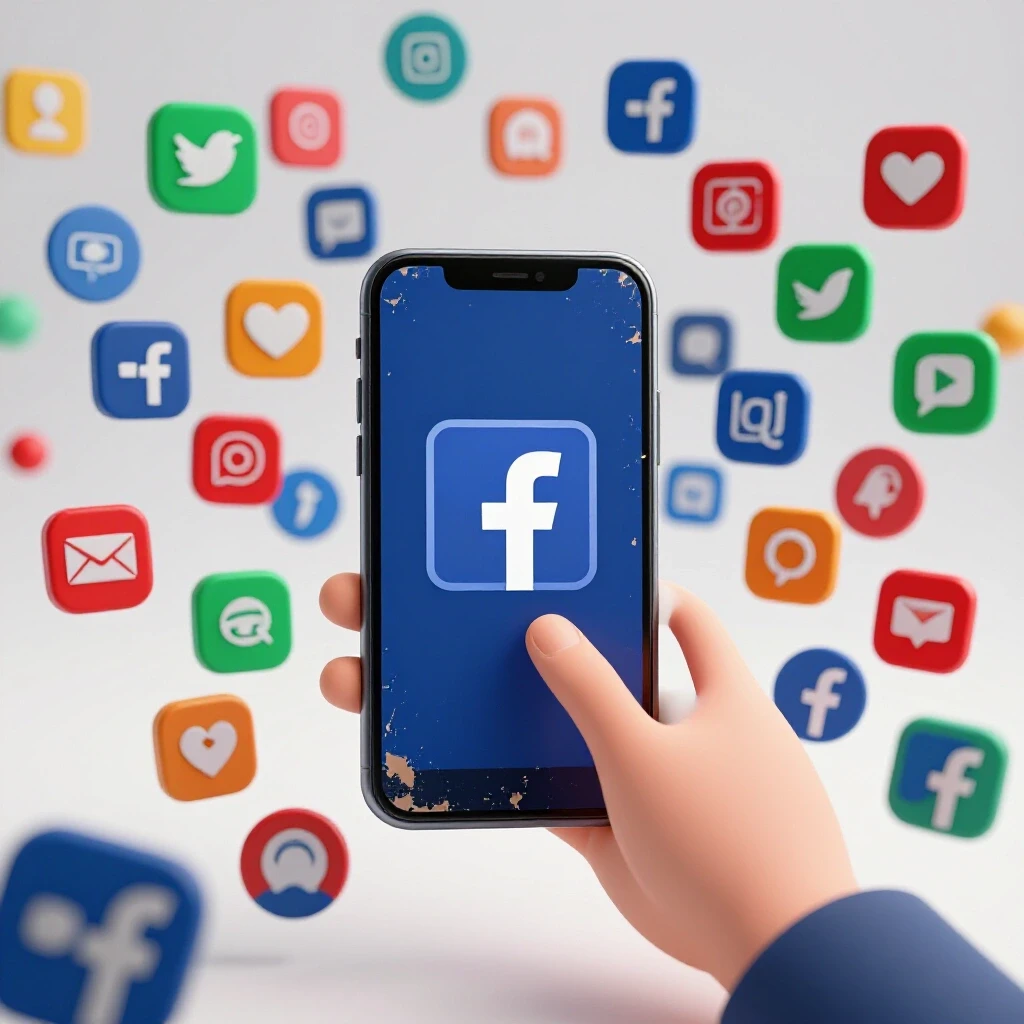 A distressed smartphone with a Facebook logo, surrounded by colorful social media icons and an outstretched hand.