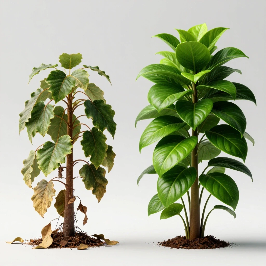 A captivating 3D-rendered scene showing a wilted plant transforming into a vibrant plant, symbolizing social media account revival.