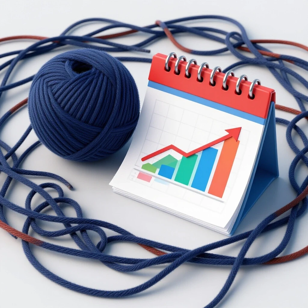 A tangled ball of yarn representing confusion next to a clear calendar with upward-trending graphs, symbolizing social media metrics improvement.