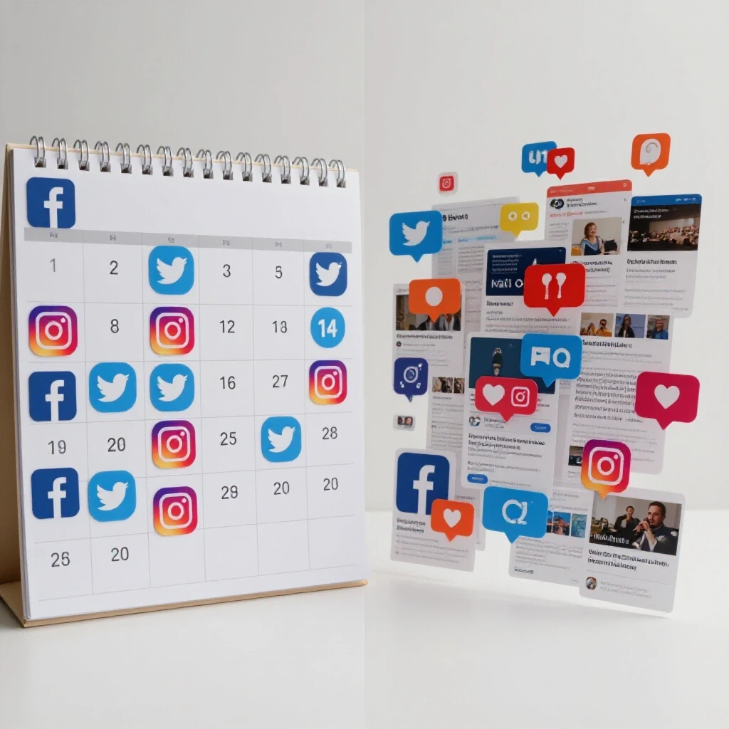 A split-image comparing a structured content calendar with vibrant social media icons against chaotic spontaneous post notifications, highlighting social media strategy.