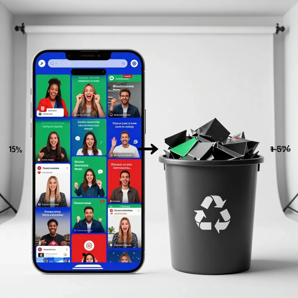 A split-screen image showing vibrant shared content on one side and crumpled discarded content on the other.