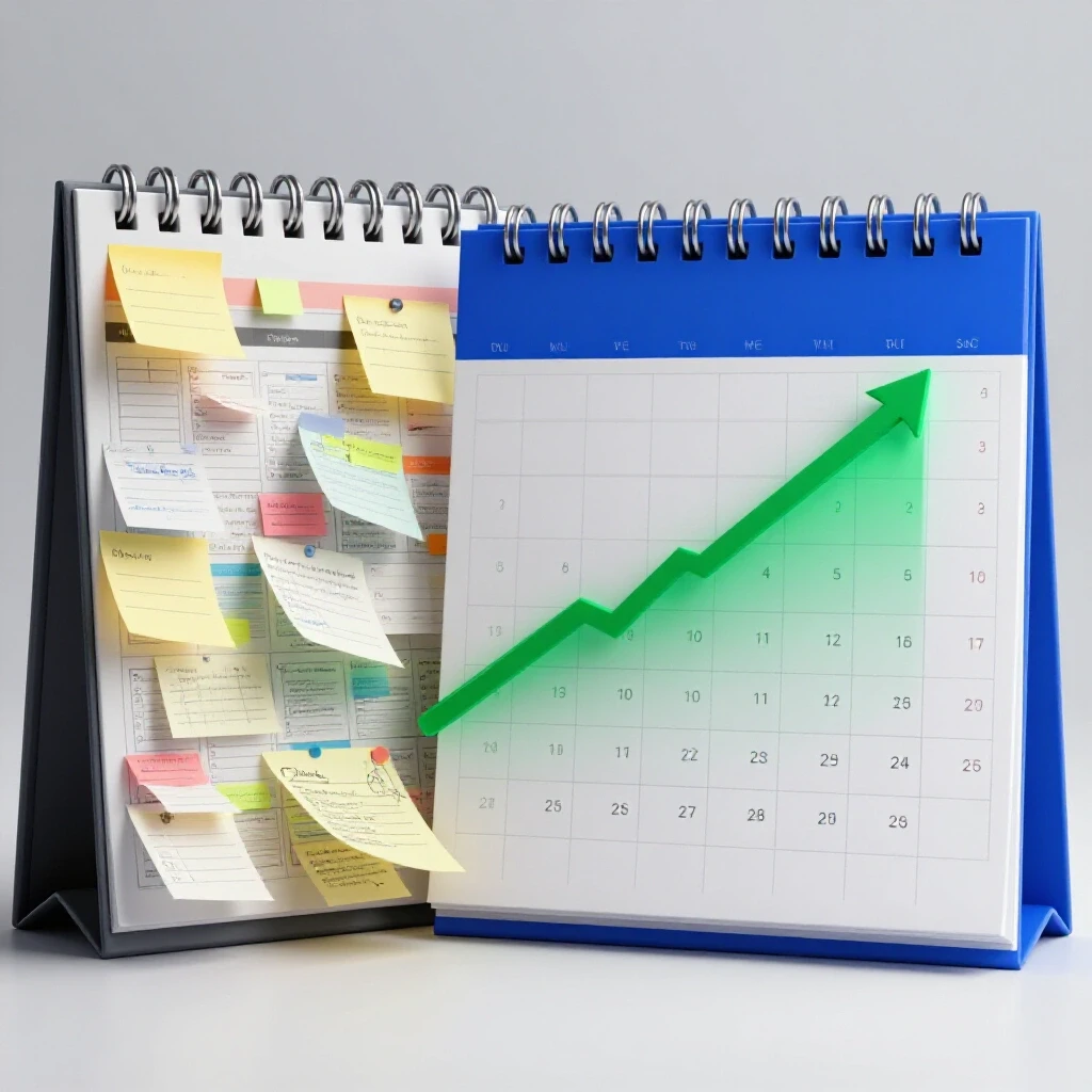 A visual comparison of a chaotic calendar and an organized calendar showcasing growth, emphasizing content scheduling strategies.