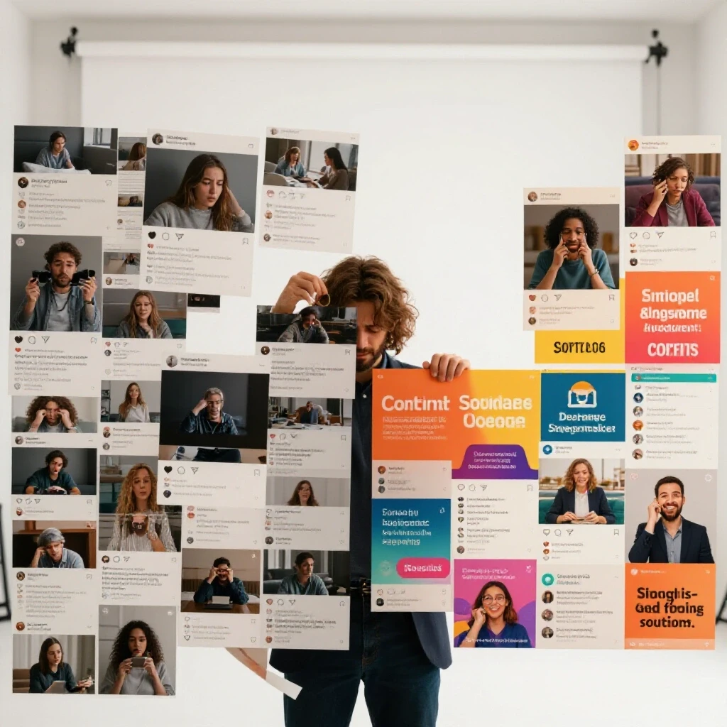 A split-screen showing a chaotic social media feed on the left and vibrant organized posts on the right, highlighting strategies in social media marketing.