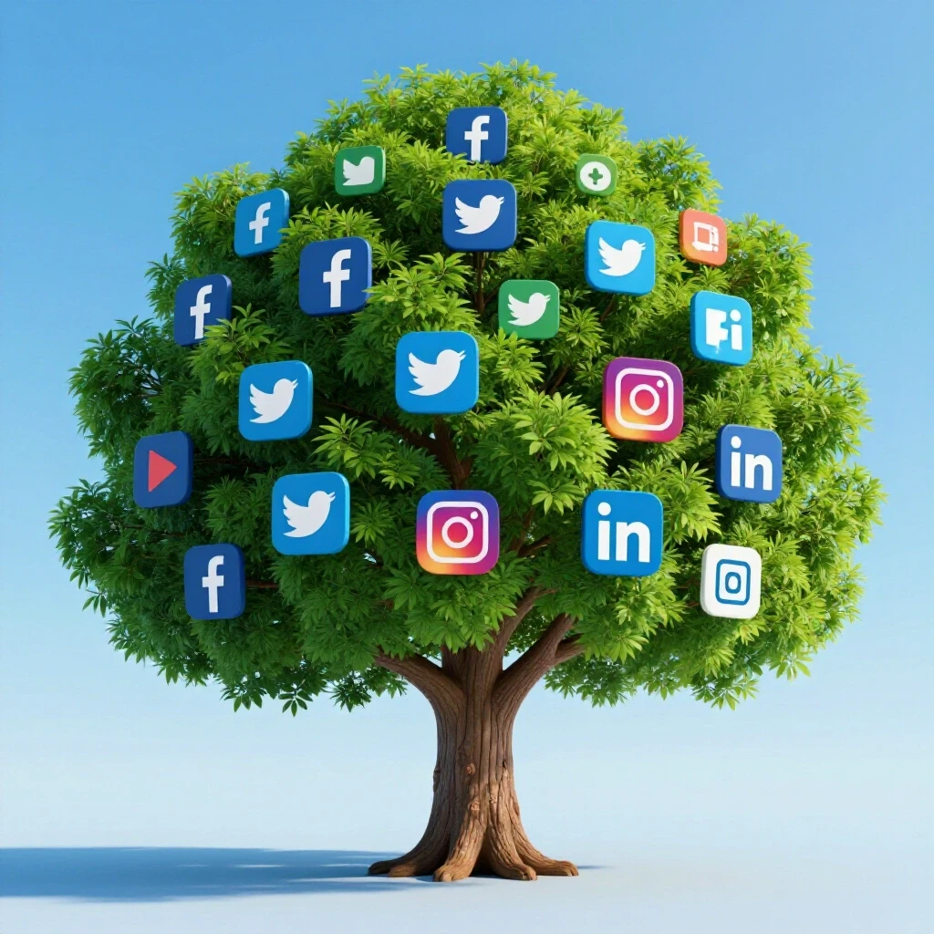 A vibrant tree with social media icons as leaves, symbolizing growth in social media content strategies.