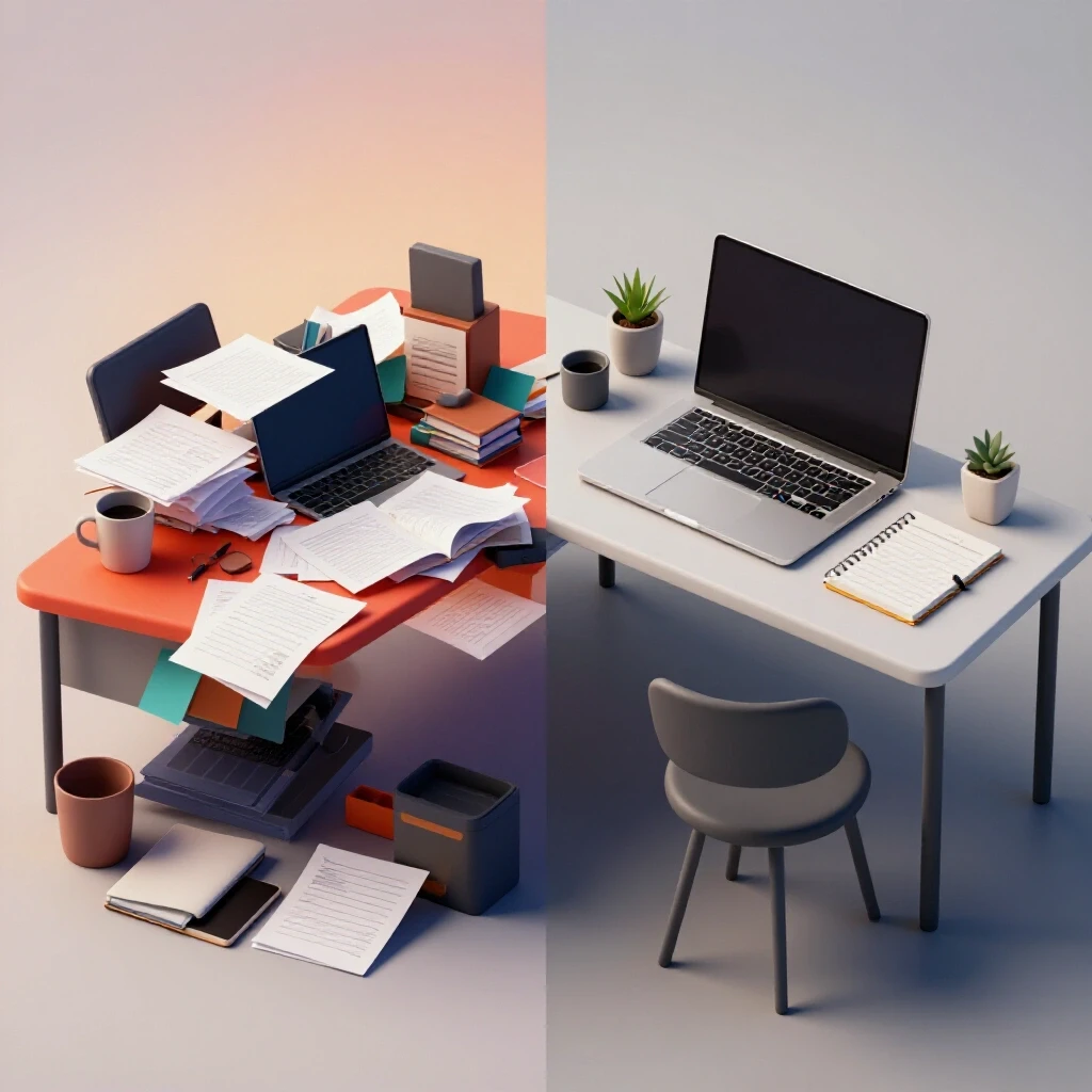 A contrasting workspace divided into chaos and order, illustrating productivity transformation for busy professionals.