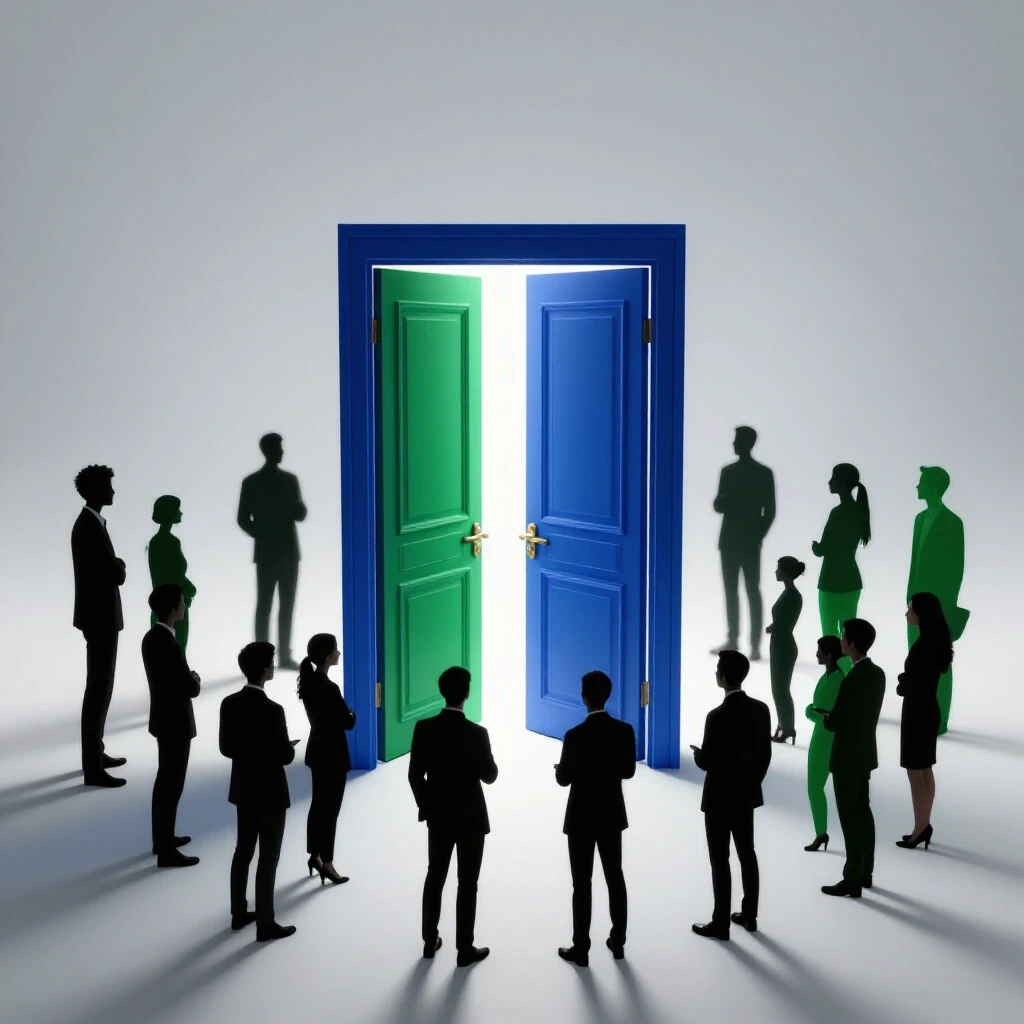 A vibrant open door casting light with silhouettes of diverse individuals, symbolizing engaging conversations.