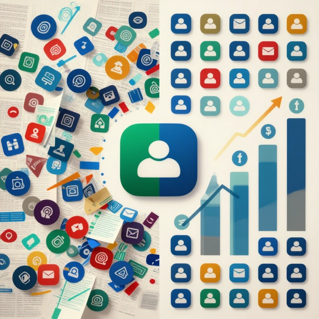 A split-image showing chaos of disorganized social media icons transitioning to a harmonious arrangement with upward trends, highlighting clarity.