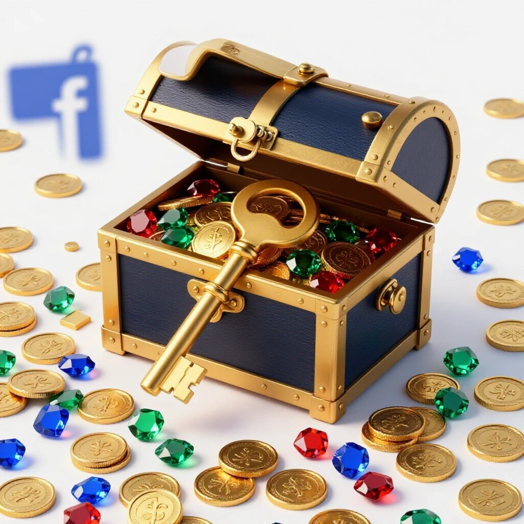 A golden key unlocking a treasure chest filled with colorful coins and gems on a bright blue and white background.