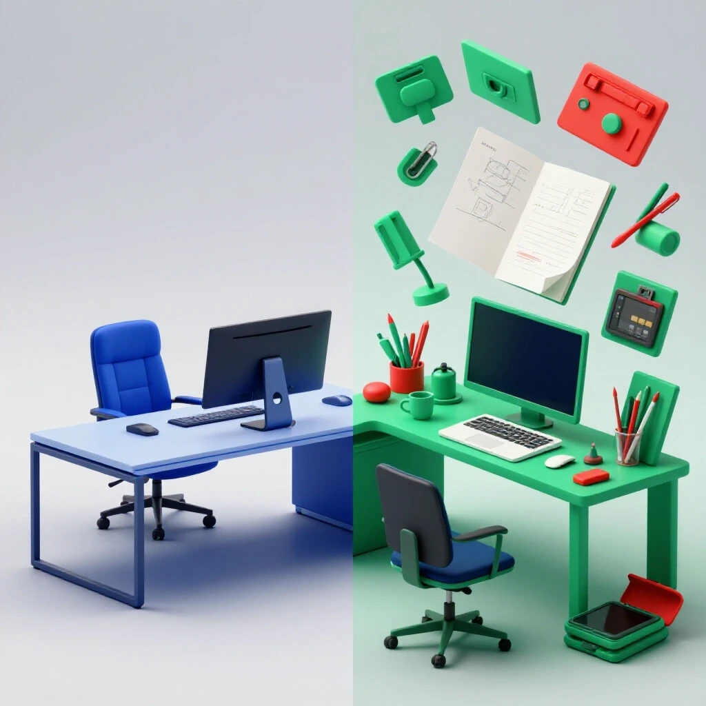A split-image composition showing a corporate office on one side and a vibrant creative workspace on the other side.