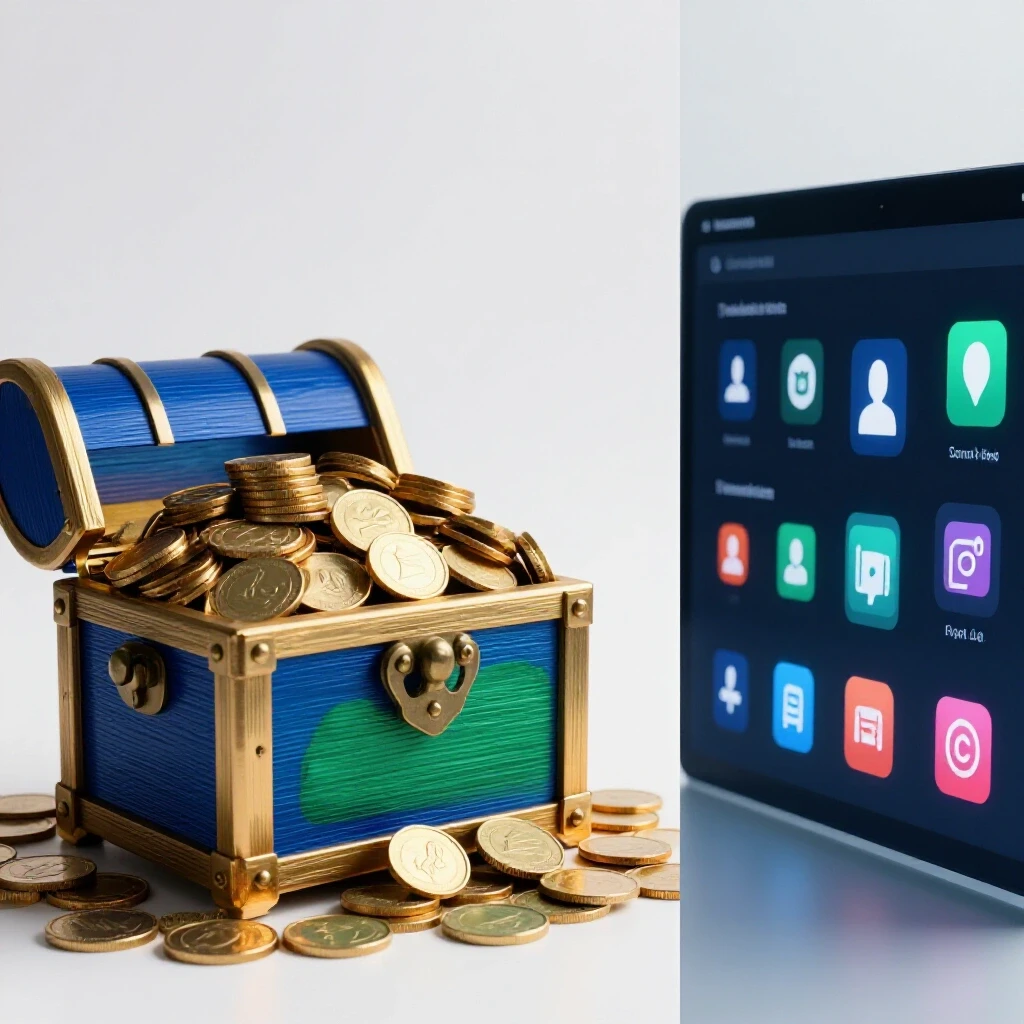 A split-screen image showing a treasure chest filled with coins on one side and a digital interface of social media platforms on the other.