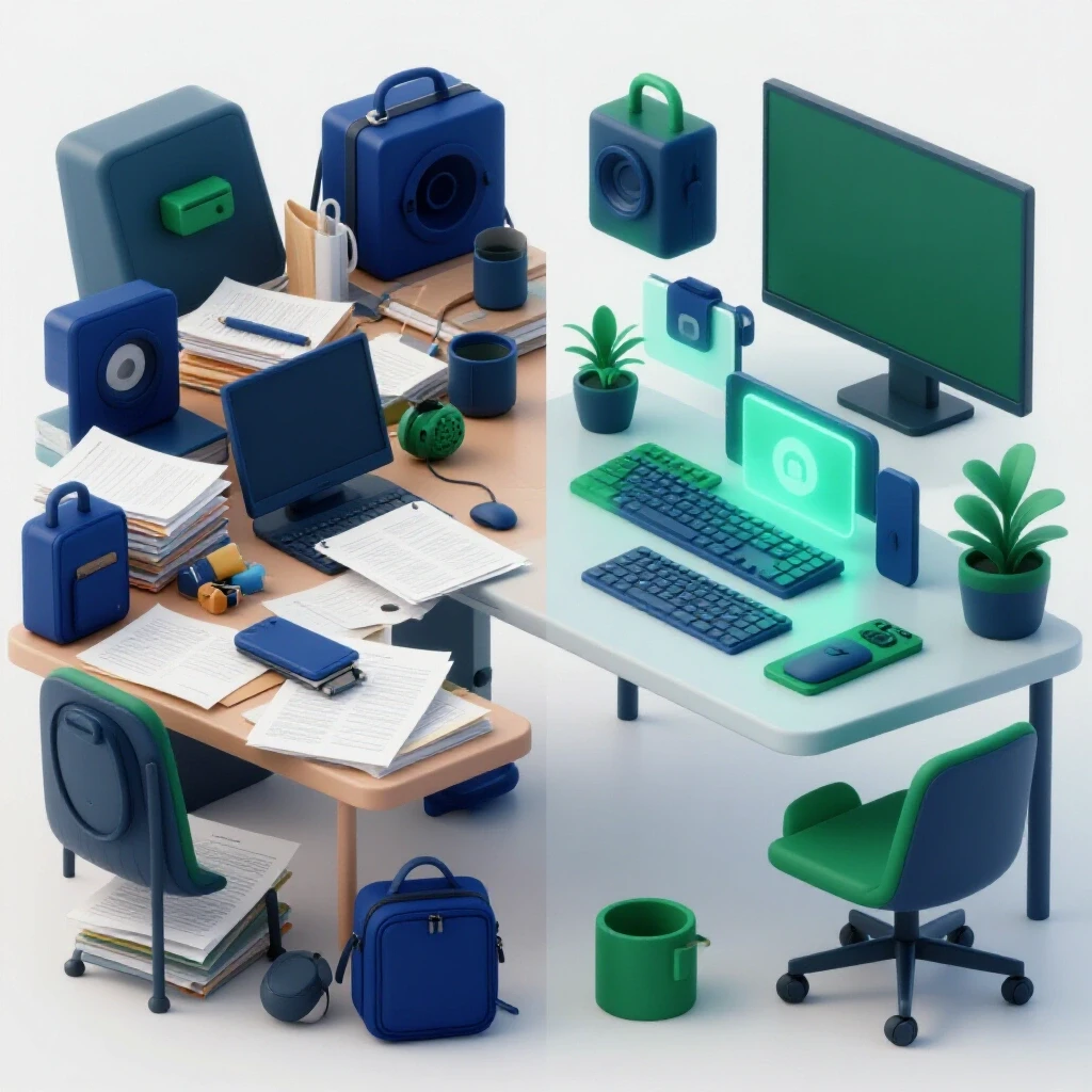 Contrasting workspaces showing a chaotic setup with expensive tools and an organized setup with cost-effective tools for social media.