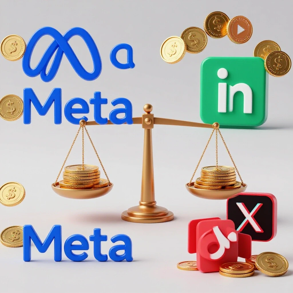 A split-screen 3D image showing a scale balancing social media icons and coins, with vibrant platform colors.