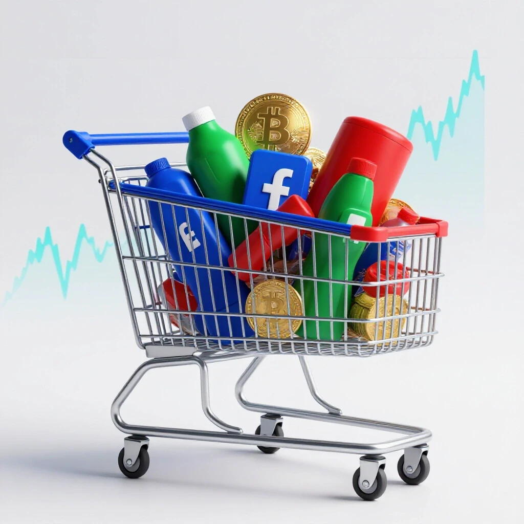 A shopping cart filled with colorful products in front of a digital currency graph, symbolizing eCommerce and Facebook Ads.